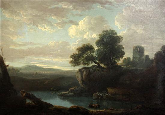 Attributed to Richard Wilson (1714-1782) River landscape with hilltop castle 16.5 x 23.25in.